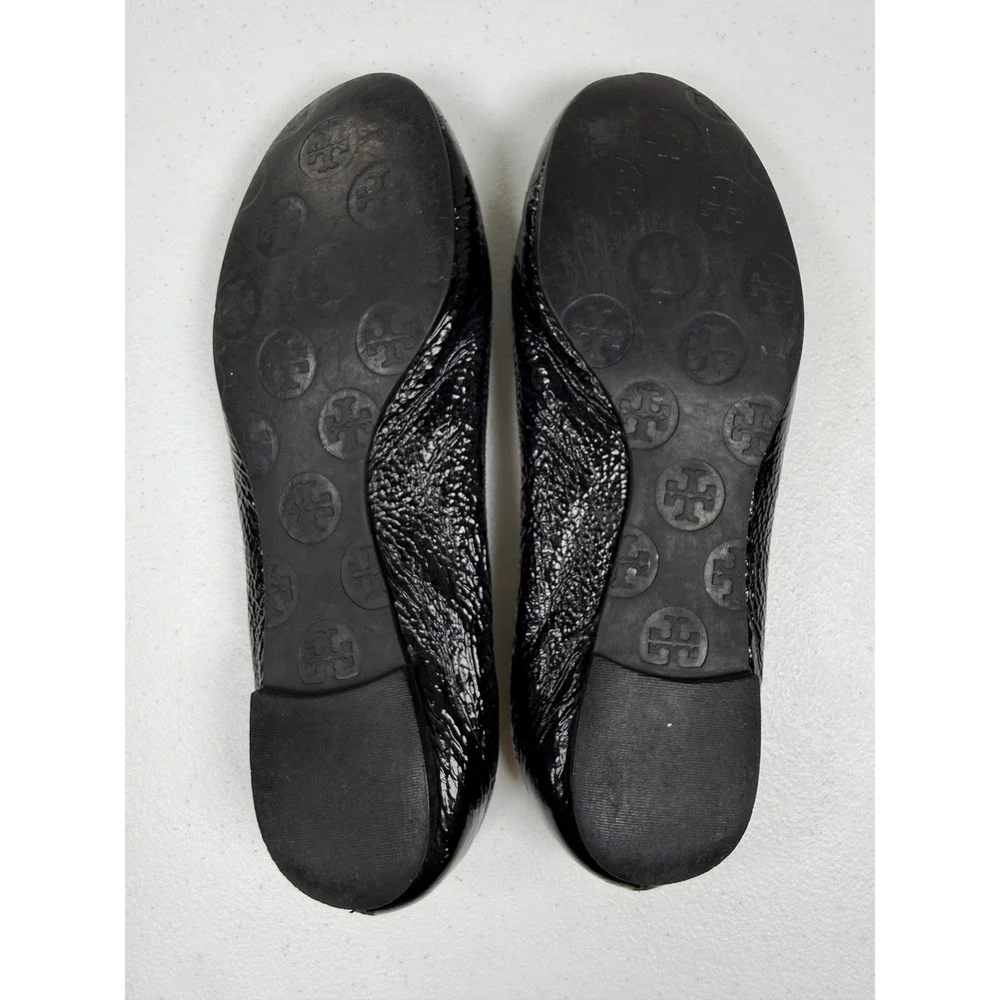 Tory Burch Reva Ballet Flats Women 7 Black Patent Leather Logo Glitter Medallion